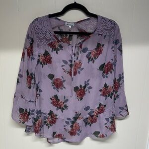Self Esteem Lavender Floral Semi Sheer Blouse with Bell Sleeves